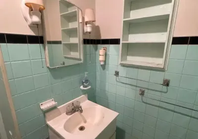A dated bathroom with mint green tile, pink walls, and vintage chrome fixtures before renovation.