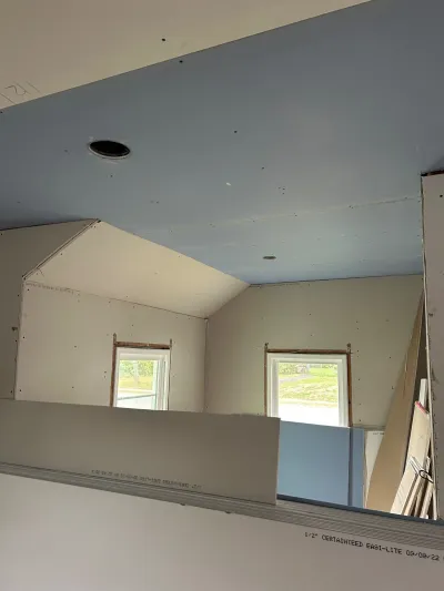 Unfinished attic bonus room with blue-board vaulted ceiling, exposed drywall seams, and two windows.