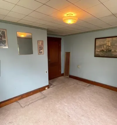 Basement room with light blue walls, worn tan carpet, and a wood panel door before renovation.
