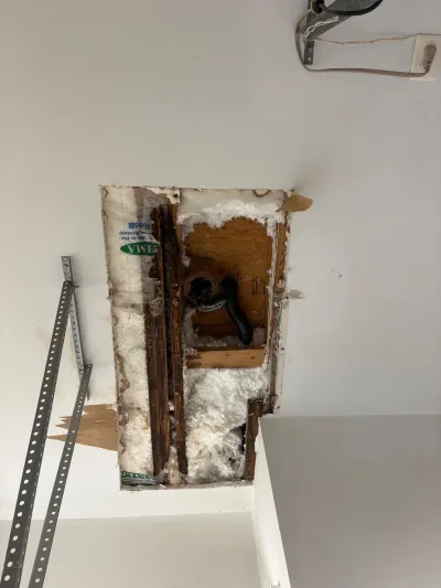 An opened section of ceiling drywall reveals insulation, plywood, and a pipe during an in-progress repair.